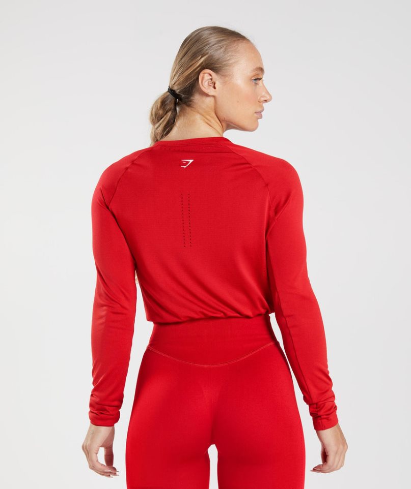 Women's Gymshark Sweat Seamless Long Sleeve Cropped Tops Red | NZ 6DOGPH